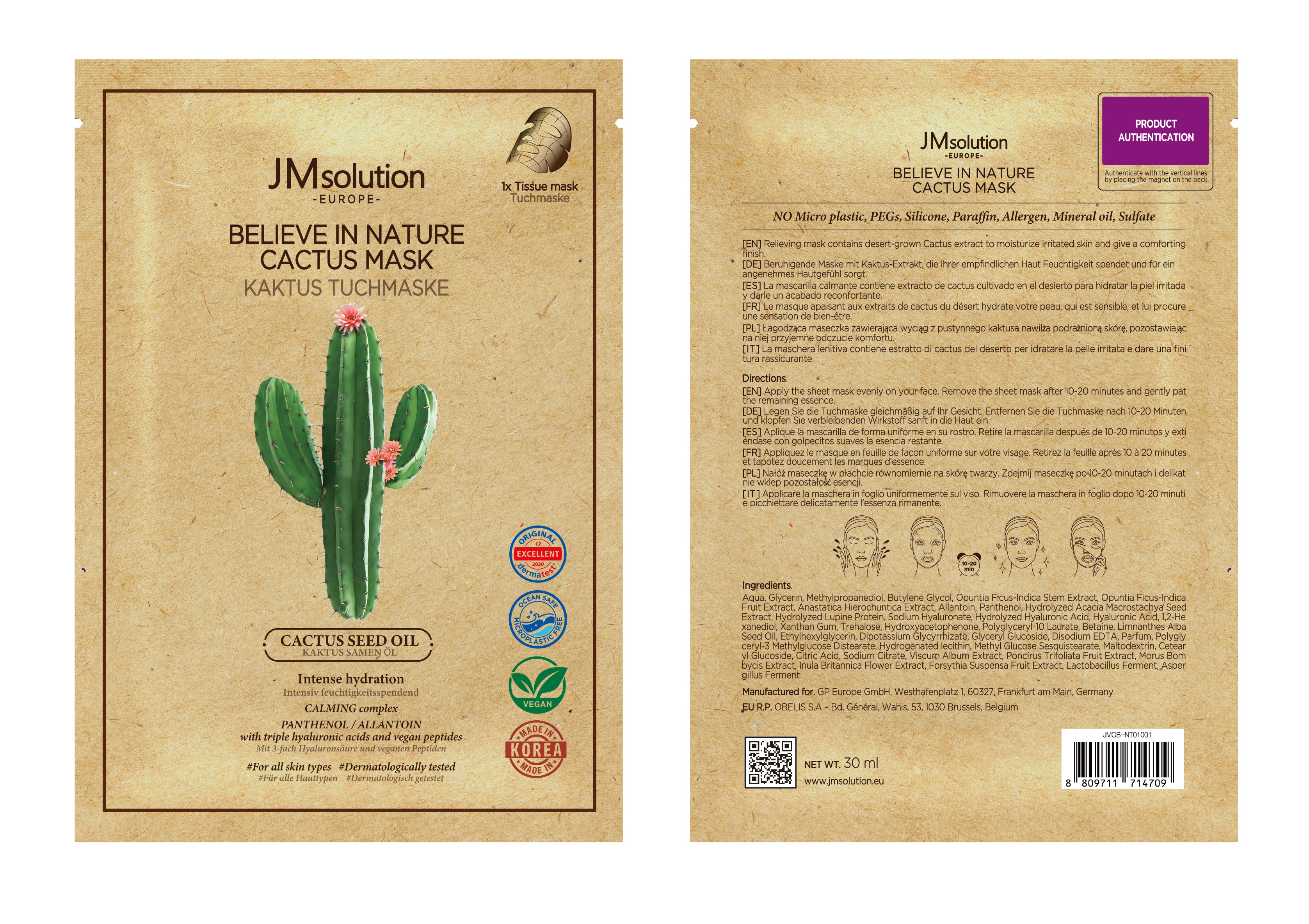 JMSOLUTION Europe BELIEVE IN NATURE CACTUS MASK 10EA
